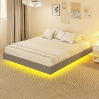 HOMCOM Cama 160x200 cm com Luzes LED Estofada em Linho Ripas de Madeira Silenciosa Fácil de Montar Cinzento(m-10)