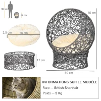 PawHut Panier chat lit surélevé chat cosy niche grotte 50 x 50 x 60 cm coussin moelleux crème inclus, corde en polyester violet(m-3)