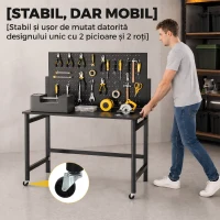 HOMCOM Banc de Lucru Pliabil Portabil cu Panou Perforat, Blat Gros din Lemn, Structură din Oțel, Negru(m-7)