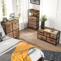 HOMCOM Cómoda com 5 Gavetas de Tecido Cómoda de Estilo Industrial com Estrutura Metálica para Quarto 98x29x63 cm Carvalho(m-9)