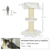PawHut Arbre à chat avec griffoir centre d'activités 2 plateformes coussin crème(m-3)