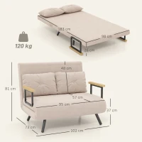 HOMCOM Sofá Cama Convertível 2 Lugares Dobrável com Encosto Ajustável em 5 Níveis e 2 Almofadas 102x73x81 cm Bege Claro(m-3)