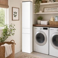 kleankin Mobile Bagno con Ripiano Regolabile, 2 Ripiani Chiusi e un Cassetto in Legno, 30x28x180 cm, Bianco(m-8)
