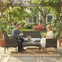 Outsunny Conjunto de Móveis de Jardim em Vime Sintético com Sofá Cadeirões e Mesa com Vidro Temperado e Almofadas Castanho e Cinzento(m-9)