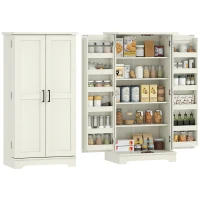 HOMCOM Dulap de Bucătărie Tip Cămară, Rustic, cu 12 Rafturi pentru Condimente, Rafturi Reglabile, 2 Uși, pentru Sufragerie și Living, 60x40x120 cm, Crem(m-11)