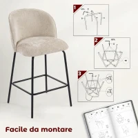 HOMCOM Set 2 Sgabelli da Bar con Schienale e Poggiapiedi, Rivestimento in Tessuto e Gambe in Acciaio, Beige(m-7)