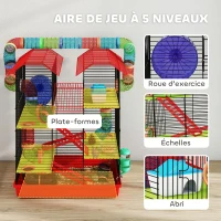 PawHut Cage pour hamster souris petit animaux rongeur avec tunnel mangeoire roue jouet 47 x 30 x 59 cm rouge(m-4)