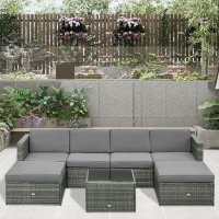 Outsunny 7-tlg. Polyrattan Gartengarnitur Gartenmöbel Garten-Set Sitzgruppe Loungeset Loungemöbel inkl. Fußhocker Sitzkissen Grau Stahl + Polyester 58 x 58 x 37 cm(m-10)