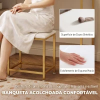 HOMCOM Penteadeira de Maquilhagem com Espelho LED, Banco, 5 Gavetas, 2 Compartimentos e 2 Prateleiras em Vidro, Branco(m-7)