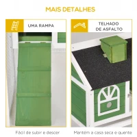 PawHut Coelheira de Madeira 120x60x79 cm Coelheira com Teto Asfáltico Bandeja Removível Escada e Chaminé para Exterior Verde(m-7)