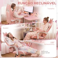 HOMCOM Cadeira Gaming com Orelhas Cadeira Gamer Reclinável com Altura Ajustável e Suporte Lombar 65x62x116-124 cm Rosa e Branco(m-8)