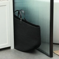 HOMCOM Coș pentru rufe de 88L portabil și pliabil cu mânere din bumbac natural, Ø56x35.5 cm, negru(m-7)