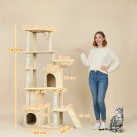 PawHut Arranhador para Gatos Grande com 7 Postes 1 Túnel 3 Plataformas 2 Cavernas 1 Rede 1 Poleiro 1 Rampa Pompons 60x40x170 cm Bege(m-3)