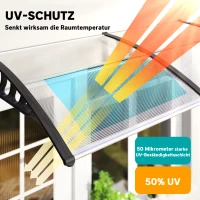 Outsunny Vordach für Haustür/Fenster, wetterfest, transparent, Aluminium-Verbindungstangen/Polycarbonat, 303x96x27cm, Schwarz(m-4)