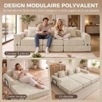 HOMCOM Canapé-Lit Pliable 245 cm, Canapé Compressé 3 Places Modulaire en Chenille avec Assise large, 3 Coussins, Beige(m-4)