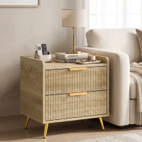 HOMCOM Bedside Table with 2 Drawers, Side End Table with Metal Legs for Bedroom, Living Room, Natural Wood Finish(m-2)