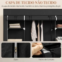 HOMCOM Roupeiro em Tecido com Barra, 10 Prateleiras, Cobertura com Fecho e Estrutura em Aço 150x43x162,5 cm Preto(m-5)
