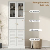 HOMCOM Dulap de Baie cu 3 Compartimente cu Uși din Sticlă și Lemn, Rafturi Reglabile, 60x30x170 cm, Alb(m-6)