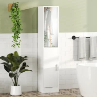 kleankin Mobile Colonna Bagno in Legno a 5 Ripiani con Anta a Specchio Apribile, 32x28x162 cm, Bianco(m-10)