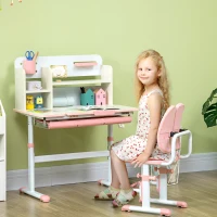 HOMCOM Conjunto de Secretária e Cadeira para Crianças com Altura Ajustável Gaveta Prateleiras e Bancada Inclinável 80x52x88-109 cm Rosa e Branco(m-2)
