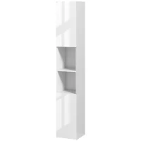 kleankin Armário Alto e Estreito para Casa de Banho com Portas e Prateleiras Ajustáveis 30x30x181,5 cm Branco Brilhante(m-11)