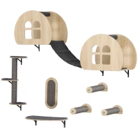 PawHut Kletterwand Katzen 7-teilig Katzen Kletterwand Set mit Sisalpfostenleiter, Plattform Kratzbaum Grau(m-1)