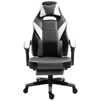 Vinsetto Ergonomischer Bürostuhl, Gaming Stuhl, Drehstuhl mit Lendenkissen und Fußstütze, Kunstleder, Grau, Weiß, Schwarz, 68 x 70 x 120-127 cm(m-10)
