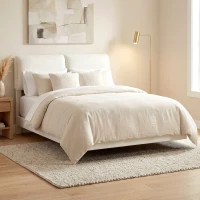 HOMCOM Cama de Casal 135x190 cm Estrado com Cabeceira Acolchoada Efeito Flutuante Estrutura Metálica Bege(m-9)