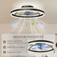HOMCOM Ventoinha de Teto com Luz LED 6 Velocidades Motor Reversível e Comando Remoto Potência 45W Ø50x13,5 cm Preto(m-7)