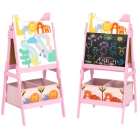 AIYAPLAY Șevalet Artistic pentru Copii 3-8 Ani cu Tablă dublă și 2 Coșuri de Depozitare, din Lemn, 53,5x49x113 cm, Roz(m-11)