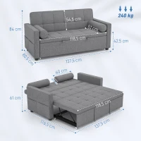 HOMCOM Sofá-Cama 2 Lugares 3 em 1 Deslizante em Tecido Linho com Encosto Ajustável Bolsos 2 Almofadas para Sala de Estar Cinzento(m-3)