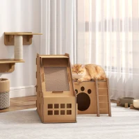 PawHut Arranhador para Gatos em Forma de Castelo 2 em 1 com 2 Áreas para Arranhar Catnip Rampa e Escada  67x66x57 cm Castanho(m-10)