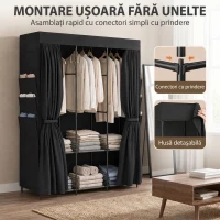 HOMCOM Garderobă Textilă cu 3 Bare și 3 Rafturi, Oțel și Material Netesut, 130 x 45 x 167 Cm, Negru(m-7)