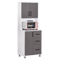 HOMCOM Küchenschrank Hochschrank mit 2 Türen Regal Mikrowellenregal Küchenbuffet mit unterem Aufbewahrungsschrank und 3 Schubladen Kommode Spanplatte Stahl Grau+Weiß 60 x 40 x 160 cm(m-12)