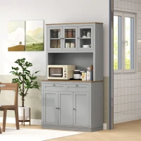 HOMCOM Armário de Cozinha com 3 Portas de Vidro Compartimento Aberto 2 Gavetas e Prateleiras Ajustáveis 100x40x180 cm Cinzento(m-10)
