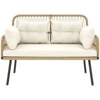 Outsunny Gartensofa mit Kissen 2-Sitzer Sofa Outdoor Balkon Sofa Rattansofa Polyrattan 115 x 61 x 82 cm Naturholz(m-1)