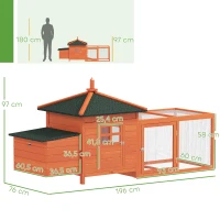 PawHut Galinheiro de Madeira para Exterior Gaiola para Galinhas com Ninhos Cercado Bandeja Removível Teto Abatível 196x76x97 cm Madeira(m-3)