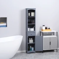 HOMCOM Coluna Casa de Banho com 1 Gaveta Armário e 3 Prateleiras Abertas Armário Alto para Casa de Banho 34x24x170 cm Cinzento(m-2)