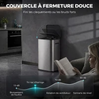 HOMCOM Poubelle de Cuisine Automatique 55L en Acier Inoxydable, Couvercle à Fermeture en Douceur, Fonctionne sur Piles, Argent(m-5)