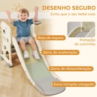 AIYAPLAY Escorrega Infantil 3 em 1 Dobrável com Escada Cesto de Basquetebol e Desenho de Dinossauro 146x52x65 cm Creme e Cinza(m-6)