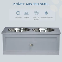 PawHut Futterstation, 2 Fressnäpfe je 2 Liter, Edelstahl, mit Schublade, für mittlere Hunde, grau, 60 x 30 x 24cm(m-6)