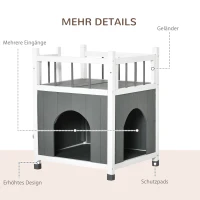 PawHut Katzenhaus mit Balkon Katzenhütte Lodge Outdoor Winterfest Massivholz Grau+Weiß 60 x 46 x 65 cm(m-6)