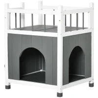 PawHut Katzenhaus mit Balkon Katzenhütte Lodge Outdoor Winterfest Massivholz Grau+Weiß 60 x 46 x 65 cm(m-10)