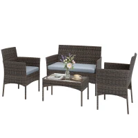 Outsunny Conjunto de Móveis de Jardim em Vime Sintético com Sofá Cadeirões e Mesa com Vidro Temperado e Almofadas Castanho e Cinzento(m-11)