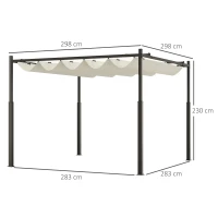 Outsunny Gazebo Pergola 3x3 m cu Acoperiș Retractabil, 8 Șuruburi și 8 Țăruși, din Poliester 180g și Metal, Alb Crem(m-3)