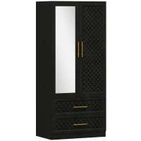 HOMCOM Roupeiro com Espelho 2 Portas e 2 Gavetas Relevo de Diamante Barra para Pendurar Estilo Moderno 80x50x180 cm Preto(m-1)