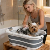 PawHut Cadă de baie pentru câini, cadă pliabilă portabilă cu orificiu de scurgere, pentru câini mici și pui, gri(m-7)