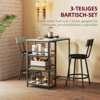 HOMCOM 3-teiliges Ess-Set mit Bartisch und 2 Stühlen, Kleines Küchenset mit seitlichen Regalen, MDF, Metall, Schwarz(m-4)