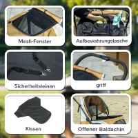 PawHut Hundewagen, Faltbarer Hundebuggy für mittelgroße Hunde, Haustierwagen mit 4 Rädern, Sicherheitsleinen, Bremsen, Braun(m-7)