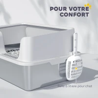 PawHut Litière pour chat, bac à litière en acier inoxydable avec côtés hauts pelle nettoyage facile 60 x 40 x 28 cm gris clair(m-7)